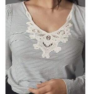 Anthropologie Maeve Striped Puff Sleeve Lace Top Women’s Size Small Nautical